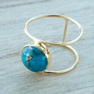 European And American Women's New Style Copper Plated 18k Gold Exaggerated Round Natural Turquoise Ring Ring