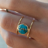 European And American Women's New Style Copper Plated 18k Gold Exaggerated Round Natural Turquoise Ring Ring