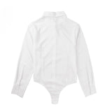 Women One-Piece Turn-Down Collar Long Sleeve Button Down Work Bodysuit Shirt