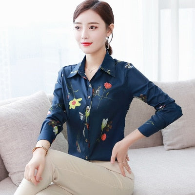 Patchwork Long Sleeve Shirts Women Blouse Autumn Lapel Office Ladies Button Casual Shirt Plus Size Blouses Blue Tops Blusas