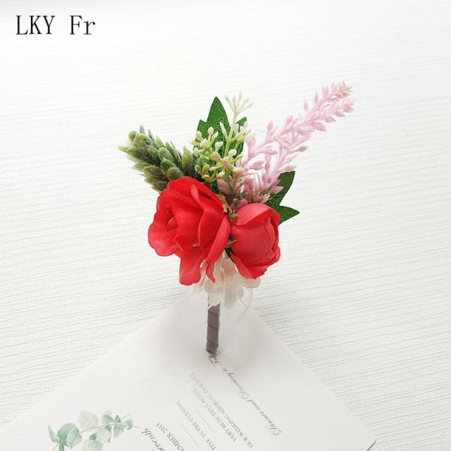 LKY Fr Boutonniere Flowers Wedding Corsage Pins White Pink Groom Boutonniere Buttonhole Men Wedding Witness Marriage Accessories