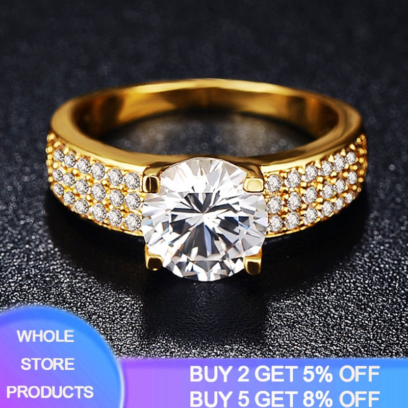 YANHUI With 18K Stamp 4 Claw 2 Carat Cubic Zirconia Wedding/Engagement Rings For Women 18K Gold Color Women's Ring Fine Jewelry