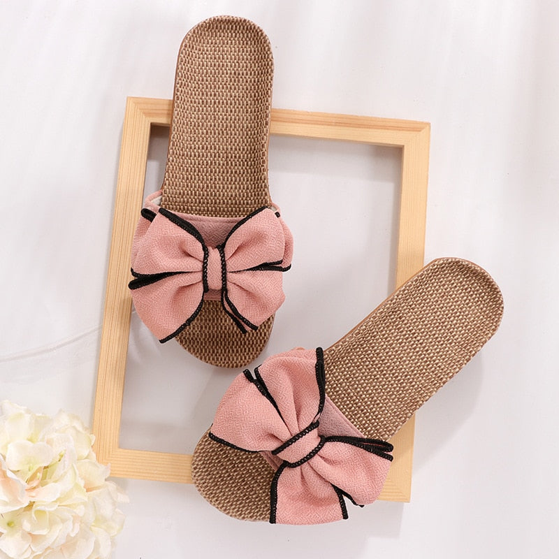 New  Butterfly-Knot Home Slippers Summer Cool Eva Slippers Women Linen Belt Slides Female Sandals Flip Flops