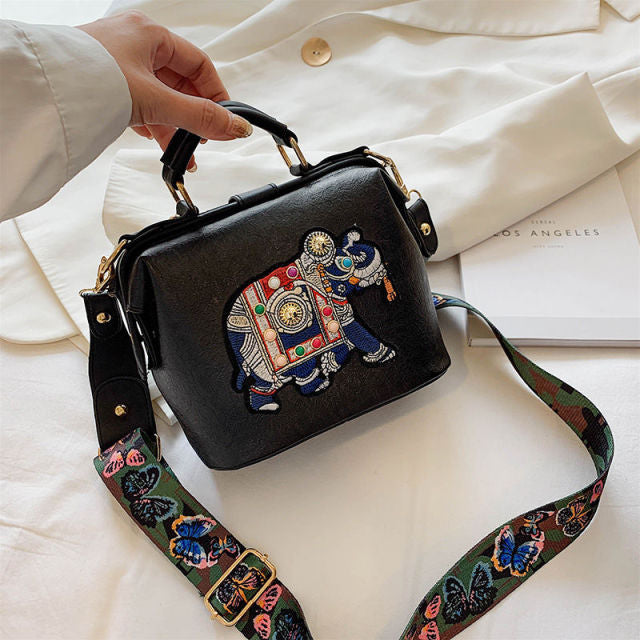 Vintage Embroidery Elephant Bag Bags Wide Butterfly Strap PU Leather Women Shoulder Crossbody Bag Tote Women's Handbags Purses