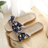 Suihyung Women Flax Slippers Summer Casual Slides Beach Shoes Ladies Indoor Linen Slippers Bohemia Floral Bow Flip Flops Sandals