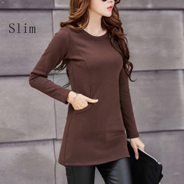 Blouses Women Long Sleeve 2020 New Winter Fashion O-Neck Shirt Spring Full Thick Warm Pockets Long Blouses Slim Tops Plus Size