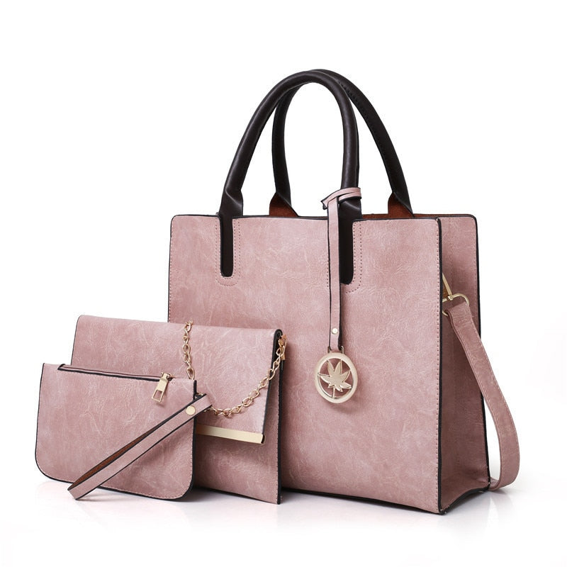 Fashion Solid Color PU Leather Shoulder Messenger Bag Casual Crossbody Bags  Women Handbags Tote Bag 3 Sets Evening Clutch Purse
