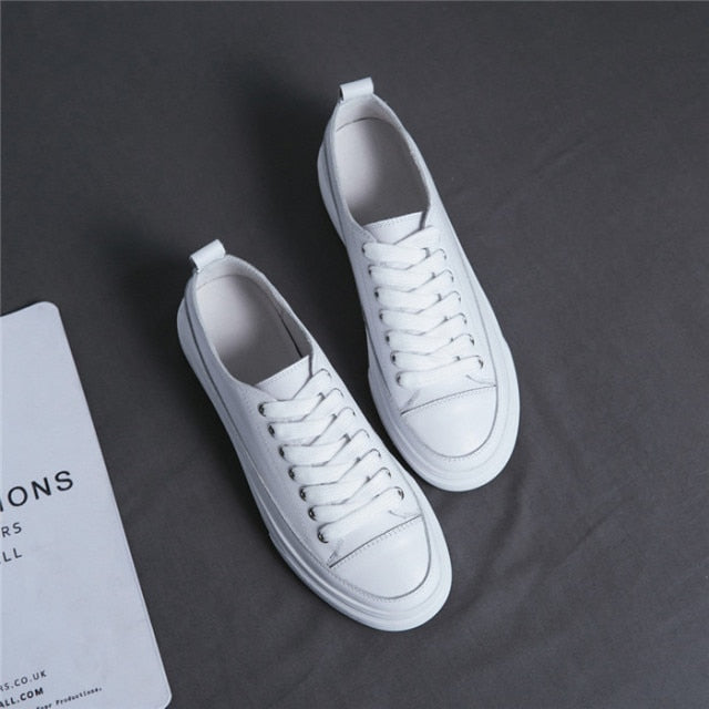 Meotina Platform Shoes Women Natural Genuine Leather Flat Casual Shoes Real Leather Lace Up White Sneakers Ladies Flats Spring