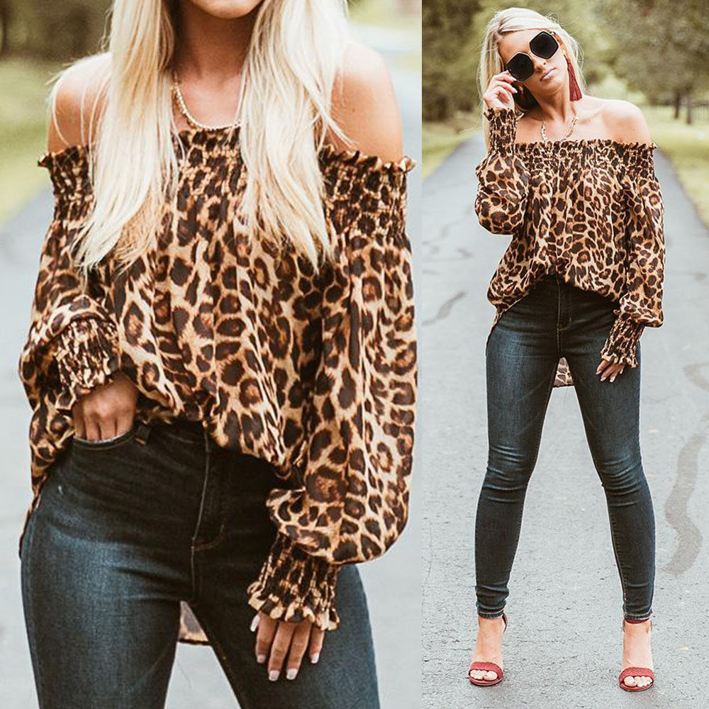 Women Leopard Shirts Off Shoulder Printing Loose Tops Pullovers Chic Ladies Blouse Stylish Femme Blusa Shirt Clothing