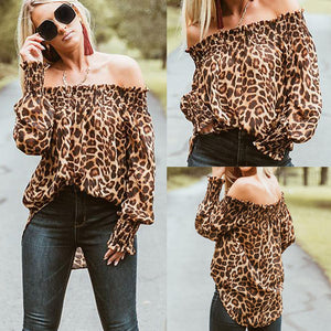 Women Leopard Shirts Off Shoulder Printing Loose Tops Pullovers Chic Ladies Blouse Stylish Femme Blusa Shirt Clothing