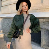 2020 stylish lady autumn winter za green short jackets women fashion long sleeve zipper bomber jacket outwear women's coat