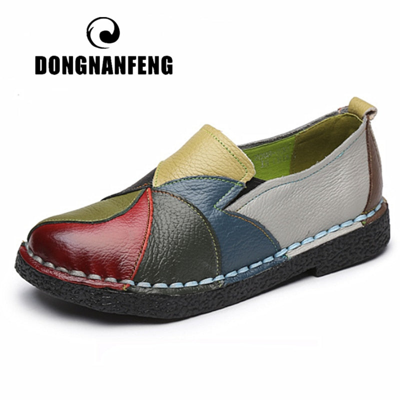 DONGNANFENG Women's Ladies Female Woman Mother Shoes Flats Genuine Leather Loafers Mixed Colorful Non Slip On Plus Size 35-42