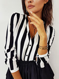 Summer Sexy Women Striped Shirt Black White Elegant V Neck Button Blouse OL Casual Loose Tops Vintage Camisa Feminina