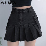 ALLNeon Mall Goth High Waist Jean Skirts Y2K Aesthetics Black Denim Pleated Skirts with Big Pockets Punk Style E-girl Outfits