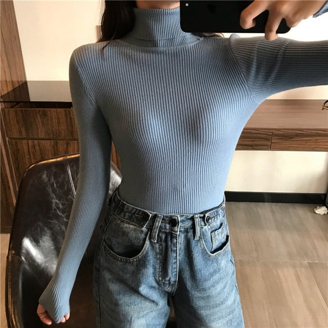 2021 Thick Sweater Women Knitted Ribbed Pullover Long Sleeve Turtleneck Slim Jumpers