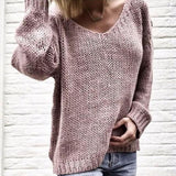 2021 Casual Women Loose Solid Color Knitted Sweater V-Neck Long Sleeve Top