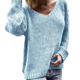 2021 Casual Women Loose Solid Color Knitted Sweater V-Neck Long Sleeve Top