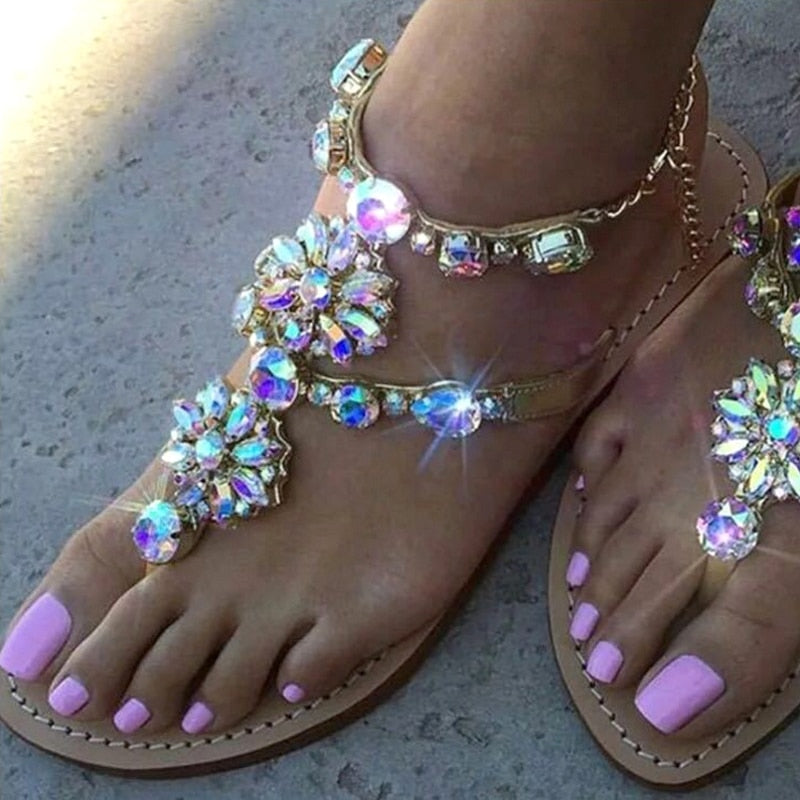 Ladies Rhinestones Sandals Summer Beach Slippers for Women Sandals Flip Flops Ladies Crystal Beach Sliders Casual Slippers Shoes
