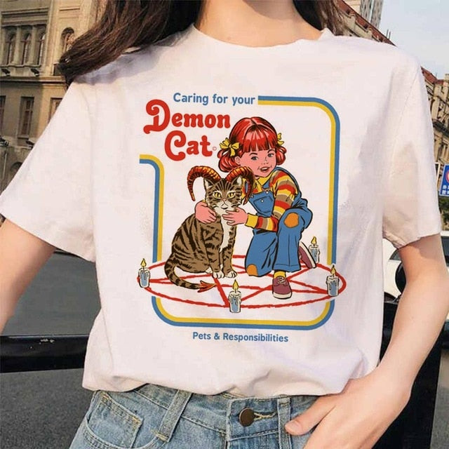 OUSLEE Demon Women's T Shirts Summer Fashion Scary Cartoon Grim Evil Series Streetwear