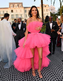 Kendall Jenner Fuchsia Prom Dresses High Low Strapless Tiered Pleat Tulle Evening Celebrity Gowns 2021 Formal Party Dresses New