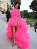 Kendall Jenner Fuchsia Prom Dresses High Low Strapless Tiered Pleat Tulle Evening Celebrity Gowns 2021 Formal Party Dresses New