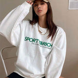 Calelinka American Vintage Sporty&Rich Letters Print White Cool Women Pullover Round Neck Cotton Loose Sprot Lover Sweatshirt