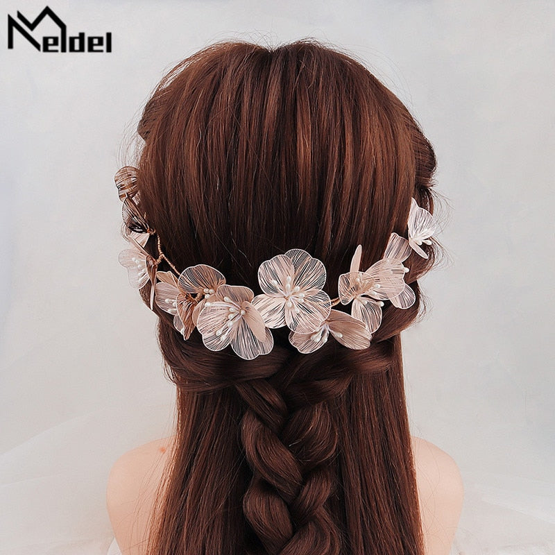 Meldel Woman jewelry hair accessories copper wire petal hair band bride headdress pearl handmade hair band dress headdress