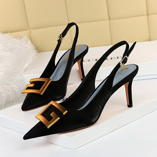 European and American Fashion Women's Shoes Fine Heel High Heel Shallow Tip Hollow Metal Quartet Buckle Single Shoes