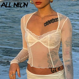 ALLNeon Fashion Y2K Lace Trim Mesh Crop Tops 90s Aesthetics Patchwork Square Neck Long Sleeve White Sexy Tees Summer T-shirts