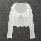 ALLNeon Fashion Y2K Lace Trim Mesh Crop Tops 90s Aesthetics Patchwork Square Neck Long Sleeve White Sexy Tees Summer T-shirts