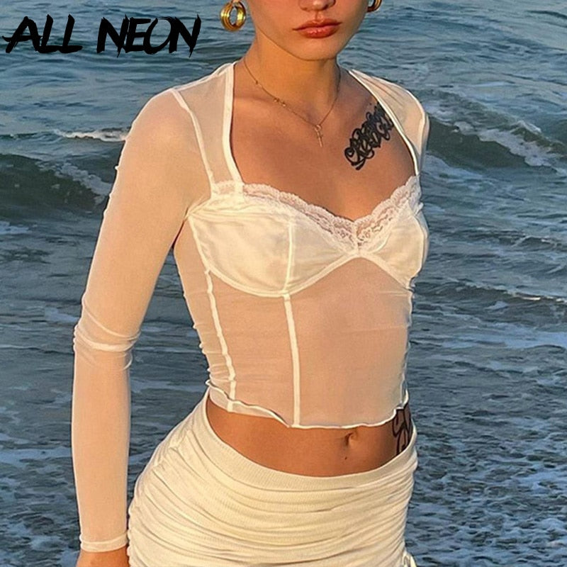 Square Neck Women Summer Mesh Crop Tops T-shirts Sexy Tees Lace Long Sleeve