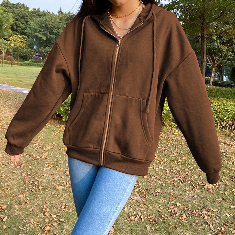Brown Y2K Aesthetic Hoodies Women Vintage Zip Up Sweatshirt Winter Jacket Clothes Pockets Long Sleeve Hooded Pullovers
