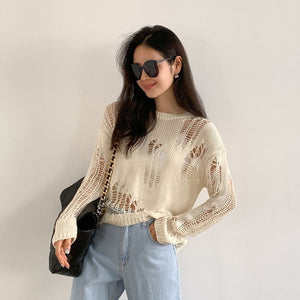 Autumn 2021 New women's wear loose holes thin hollowed-out long-sleeved sweater blouse turtleneck sweate