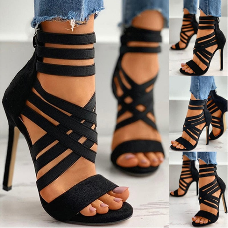 Women Fashion Open Toe Strap Cross High Heel Sandals Cut-out Rhinestone  Rivet Gladiator Sandals Dress Shoes – Essish