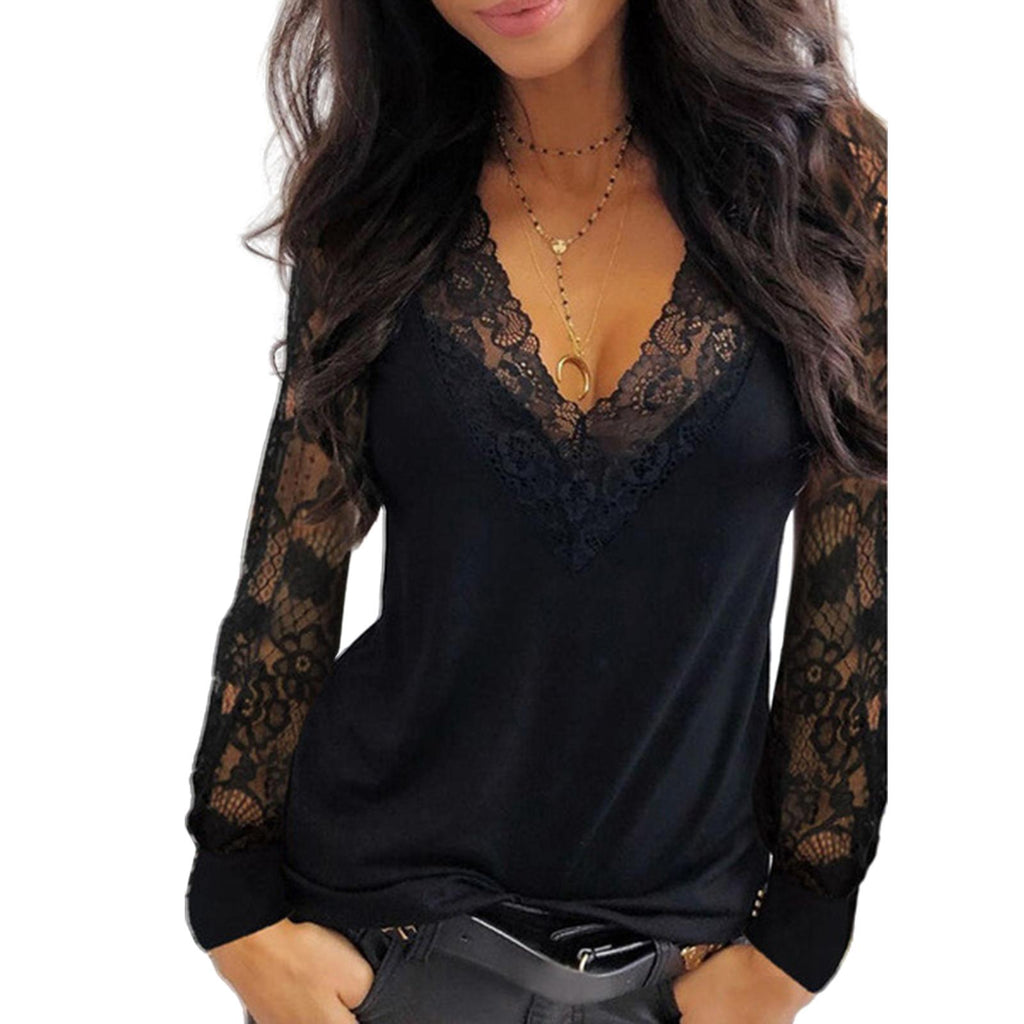 Sexy Women Blouse Deep V Neck Lace Trim See Through Polyester Long Sleeve shirt Blouse Top Women's Clothing женская одежда 2021