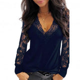 Sexy Women Blouse Deep V Neck Lace Trim See Through Polyester Long Sleeve shirt Blouse Top Women's Clothing женская одежда 2021