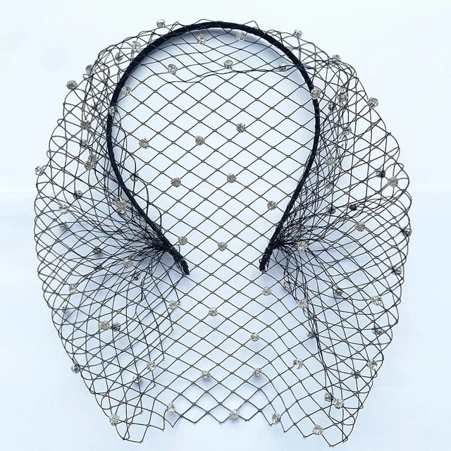 White Headband Veil for Bridal Crystal Birdcage Black Face Net Mask Short Veil Fascinator Elegant Charming Veil Black