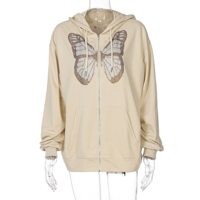 2021 Butterfly Graphic Zip Up Hoodie Hippie Moth Oversized Pockets Drawstring E-girl Hoodies