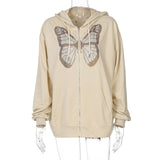 2021 Butterfly Graphic Zip Up Hoodie Hippie Moth Oversized Pockets Drawstring E-girl Hoodies