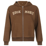 Brown Y2K Aesthetic Hoodies Women Vintage Zip Up Sweatshirt Winter Jacket Clothes Pockets Long Sleeve Hooded Pullovers