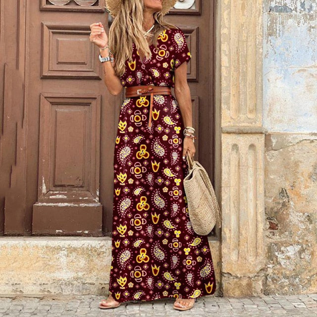 MOVOKAKA Long Casual Summer Beach Dress for Women - Floral Print, Seve –  VintageBee