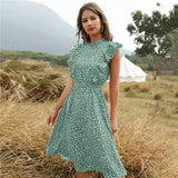 2021 New Summer Dot Print Dress Women Casual Butterfly Sleeve Ruffles Medium Long Chiffon Dress