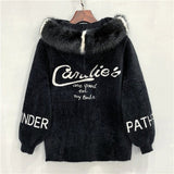 Women's Imitation Mink Velvet Coat Autumn And Winter Loose Letter Embroidery Fur Collar Cardigan Female Hooded Knitted Tops M248
