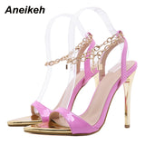 Aneikeh 2021 Summer Thin High Heels Women's Shoes Fashion Sexy Metal Decoratio Cross-Tied Retro Patchwork Head Peep Toe Sandals
