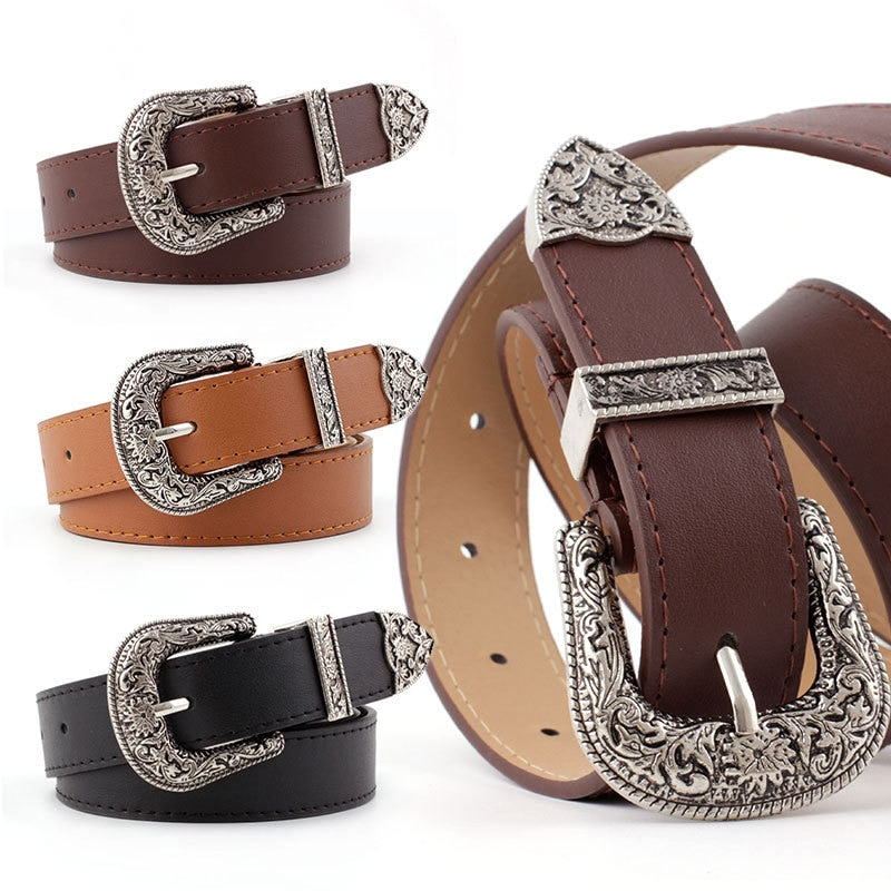 Women's Retro Pin Buckle Belt Vintage Carved PU Leather Gothic Casual