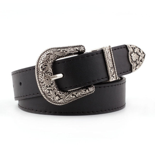 Women's Retro Pin Buckle Belt Vintage Carved  PU Leather Gothic Casual Fashion All-Match Belt Dress Waistband Luxury Brand