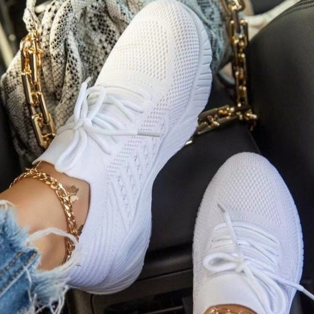 Women White Sneakers Thick Bottom Solid Plus Size Women's Shoes Comfortable Breathable Summer Outdoor Lace Up Ladies Flat Shoe