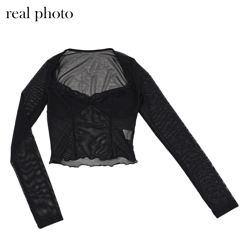 Square Neck Women Summer Mesh Crop Tops T-shirts Sexy Tees Lace Long Sleeve