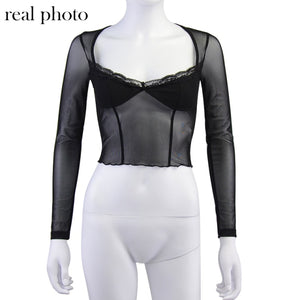 ALLNeon Fashion Y2K Lace Trim Mesh Crop Tops 90s Aesthetics Patchwork Square Neck Long Sleeve White Sexy Tees Summer T-shirts
