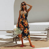 Summer  New Women's Dresses, Long Floral Print, Bohemian Dresses, V-neck Button Sleeves, Beachwear, Casual Wear